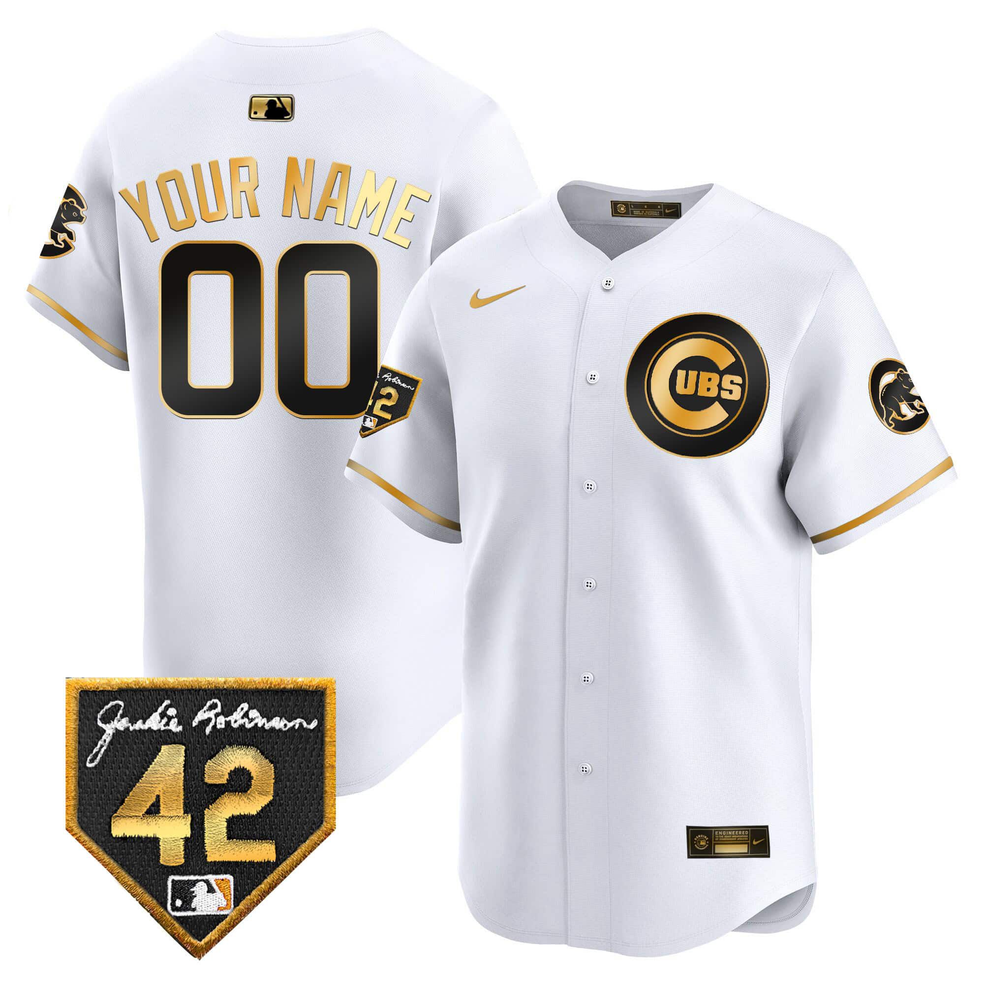 Men Chicago Cubs White Nike 2024 Jackie Robinson Patch Vapor Premier Limited Custom MLB Jersey->->